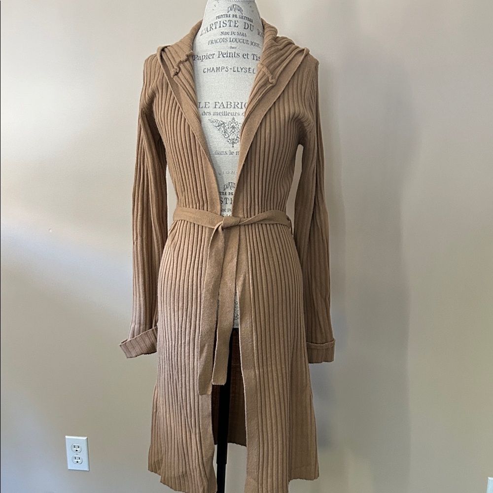 Hooded Belted Cardigan, Ribbed, Tan, (Size medium)